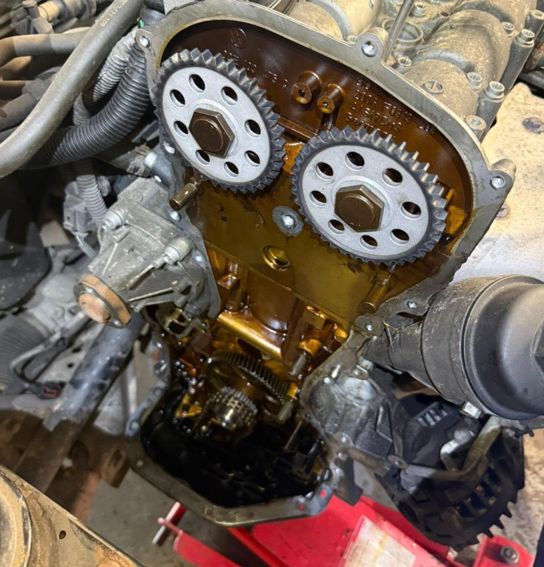 Timing gear work on a stripped engine
